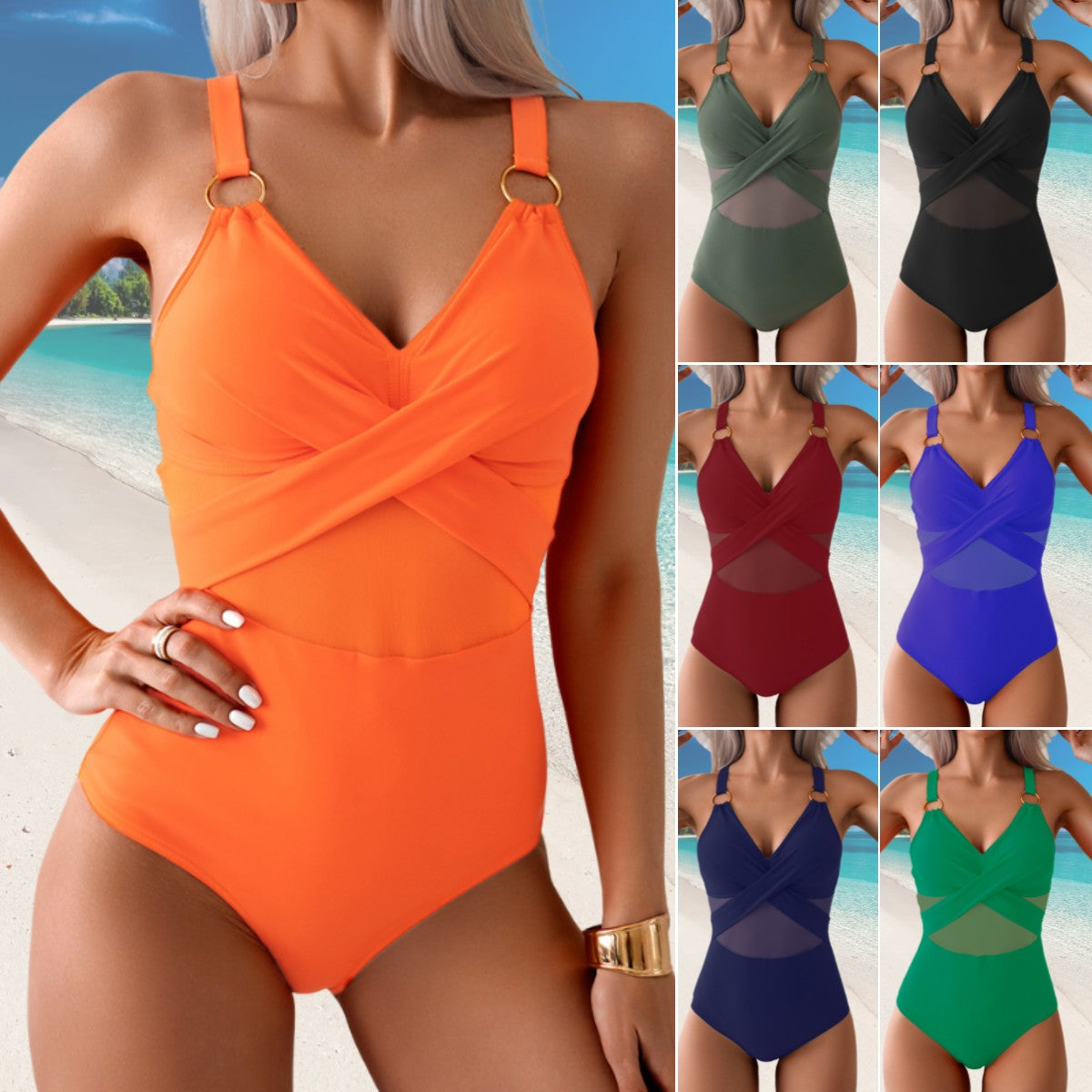 ✨👙【Zľava 50% 🔥】【S-2XL】Jednodielne plavky zo sieťoviny pre ženy s plnšími tvarmi, jednofarebné bikiny s ramienkami a kovovými krúžkami