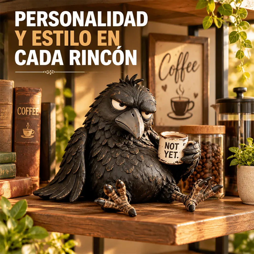 ☕😂 Figura de cuervo cafetero gruñón — Decoración matutina divertida para amantes del café