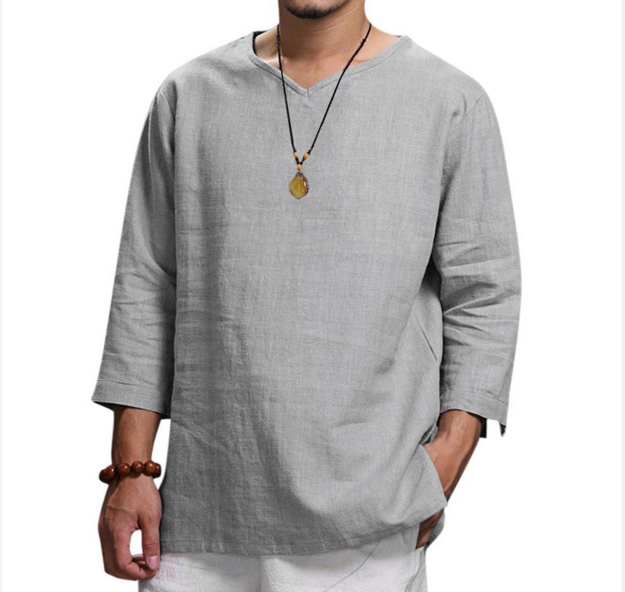 🎉😊【M-4XL】Tricou de vară nou, simplu, din bumbac și in, în culoare uni, confortabil și respirabil