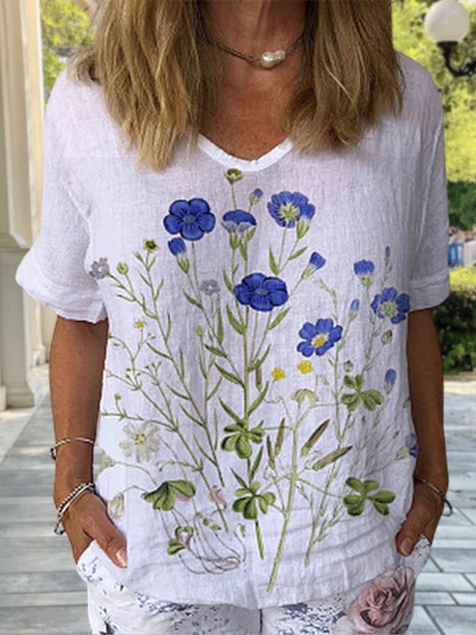 🔥【S-5XL】🌈Camiseta de manga corta de lino y algodón con estampado floral💐