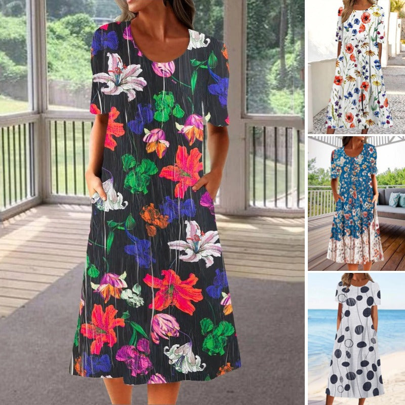💐【S-3XL】Rochie elegantă de vară din bumbac, cu decolteu rotund și imprimeu pe buzunare