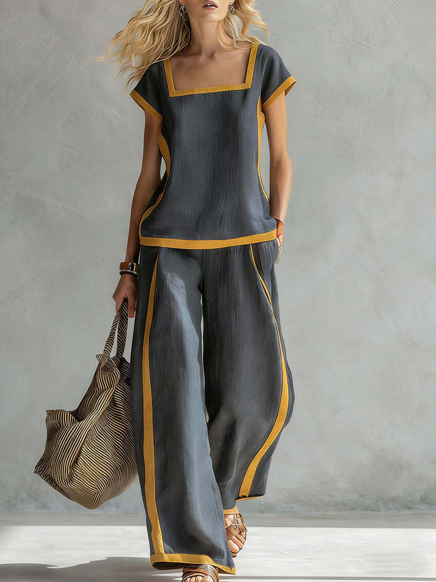 🔥 ¡Novedades de verano! 😍 Conjunto de dos piezas moderno para mujer 2026: detalles en colores contrastantes, combinado con pantalones de pierna ancha: casual y elegante.