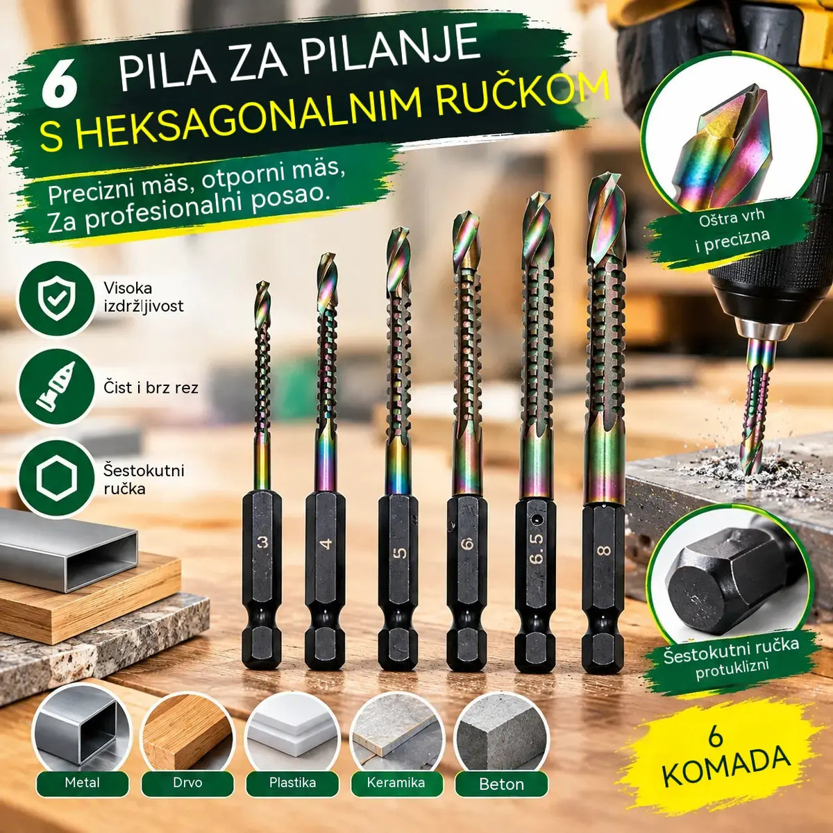 🛠️🔧(Set od 6 komada) 2-u-1 spiralna svrdla od brzoreznog čelika (HSS) s titanskim premazom – sa šesterokutnim prihvatom, prikladna za bušenje i izradu utora u drvu i metalu🔩