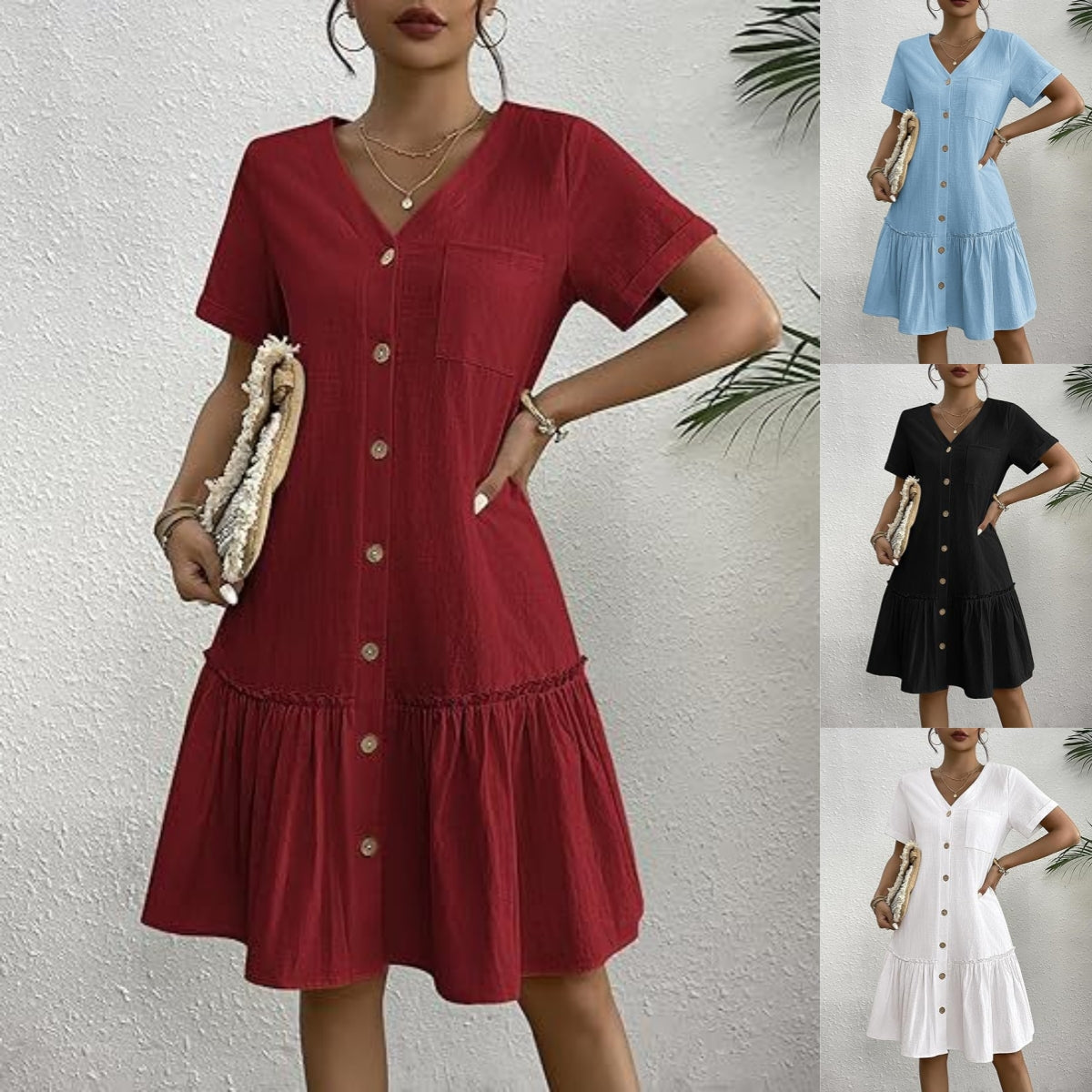 👗🎁 Letné nové módne voľné jednofarebné šaty s krátkym rukávom z bavlny a ľanu na gombíky na rok 2025