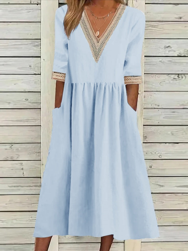 🌈👗【Letné nové produkty - zľava 50%🔥】【40-90 kg】👑 Dámske voľné šaty strednej dĺžky, materiál bavlna a ľan, čipkovaný golier, veľká veľkosť