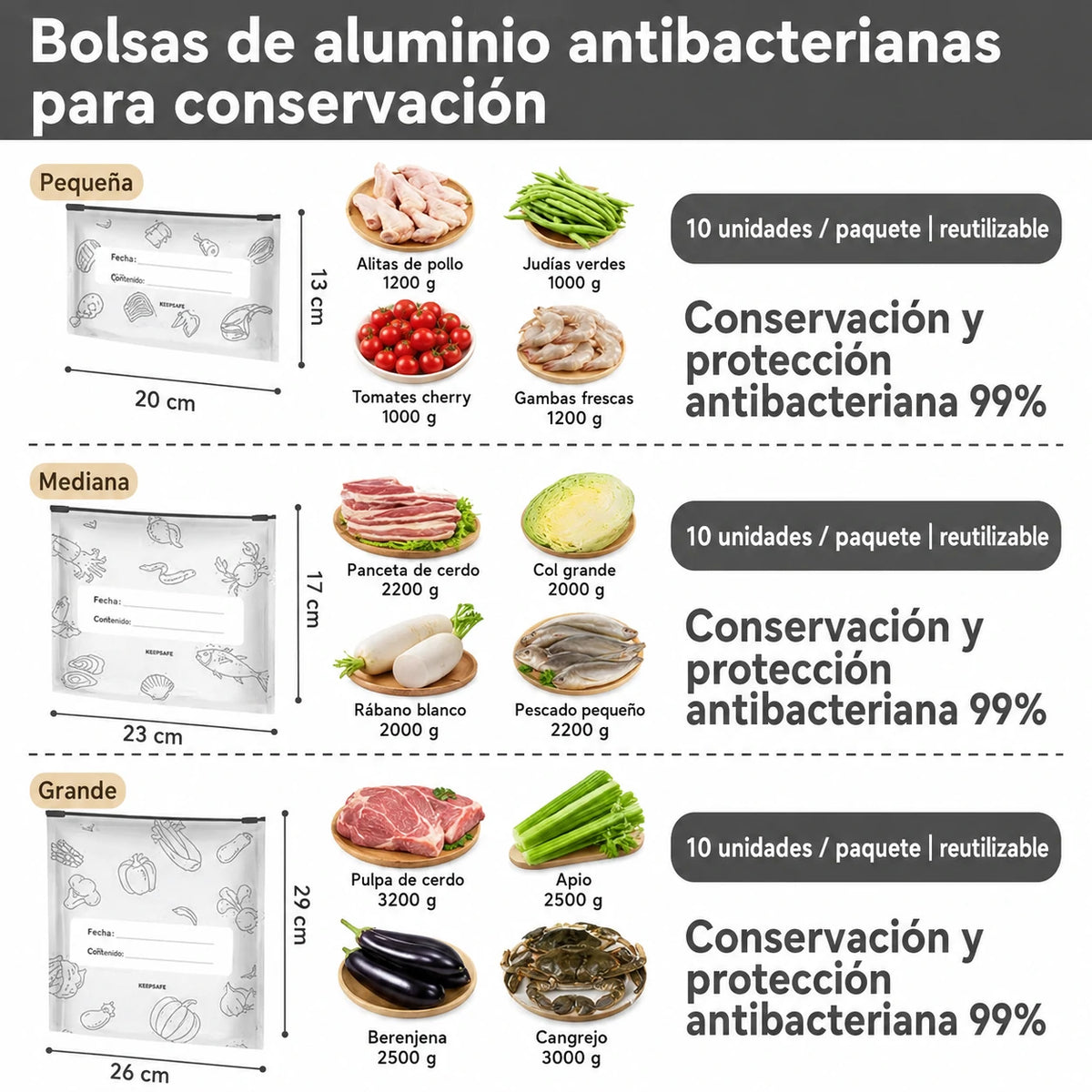 🥩【30 unidades】Bolsa hermética de papel de aluminio con cierre zip, apta para alimentos, para conservar la frescura en el frigorífico del hogar