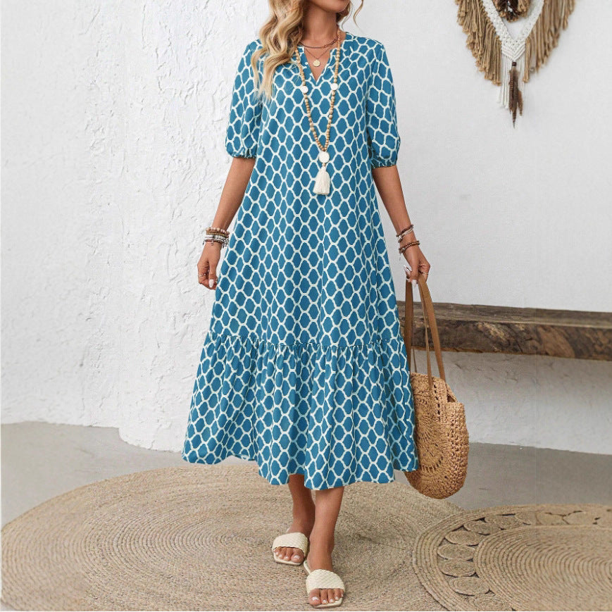 【50% de descuento】【Tallas S-2XL】🌺🌺 Vestido moderno y elegante con estampado geométrico y escote en V.