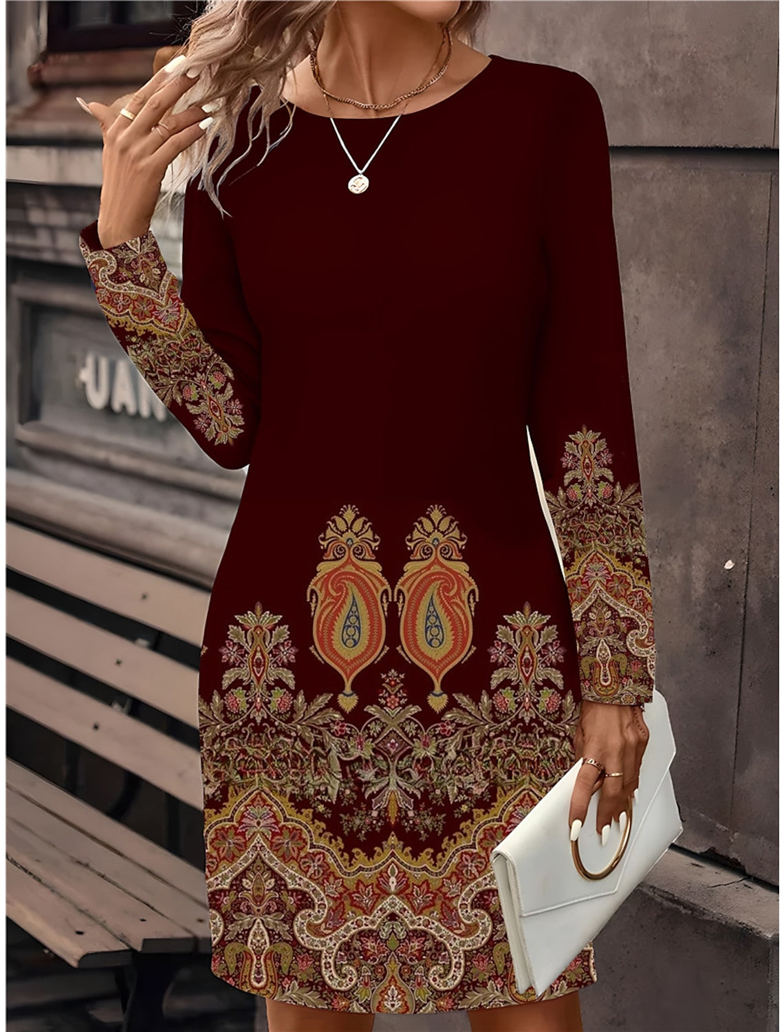 🔥🥰【S-5XL】Nuevo vestido estampado de cuello redondo y manga larga 2026