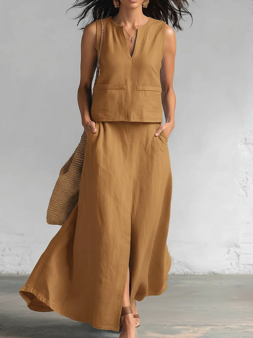 🔥 ¡Nueva llegada de verano! 😍 2026 Nuevo conjunto de dos piezas para mujer en colores sólidos: top de lino con cuello en V sin mangas y falda midi fluida