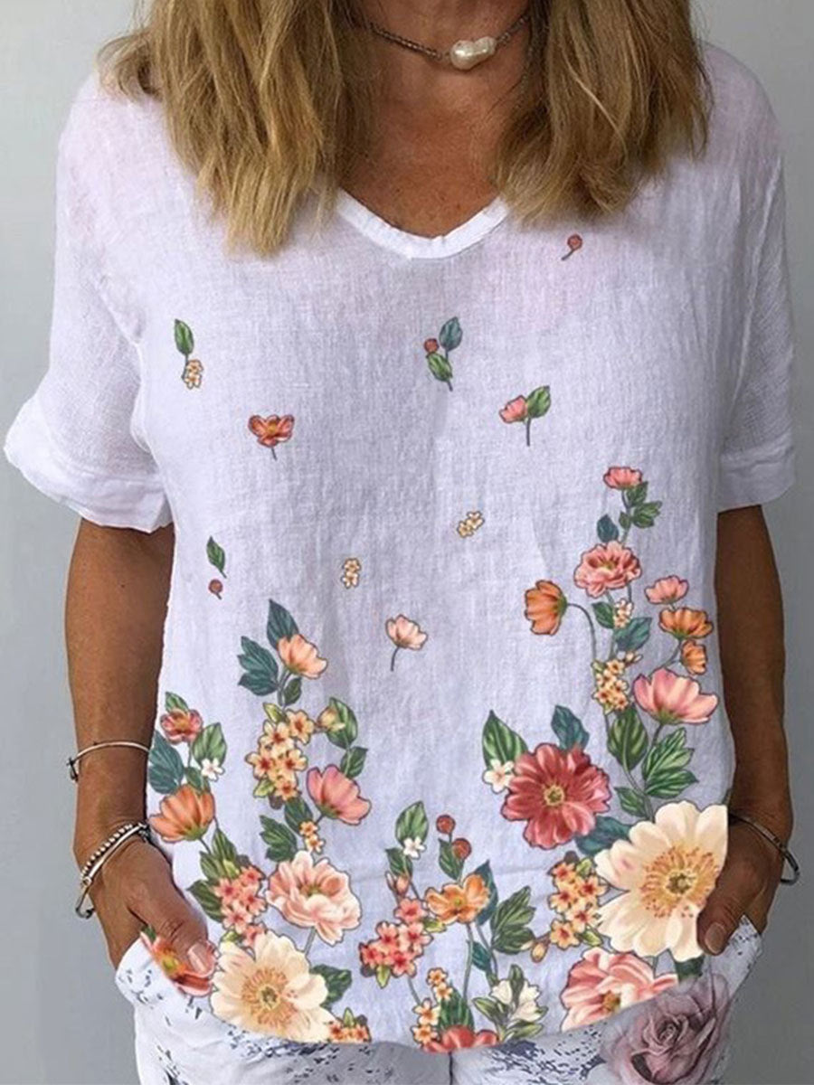 🔥【S-5XL】🌈Camiseta de manga corta de lino y algodón con estampado floral💐