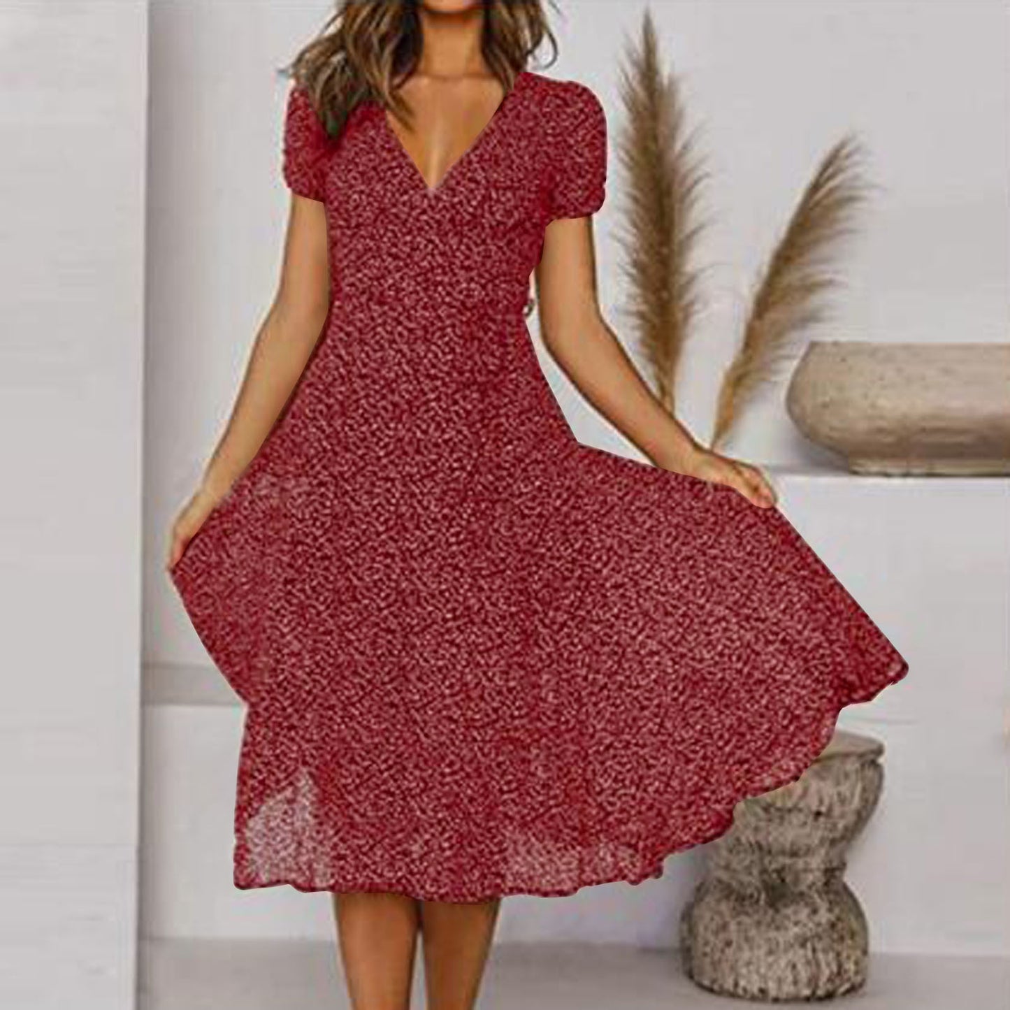 🌸【S-3XL】Rochie florală de primăvară-vară 2024, cu decolteu în V și mâneci scurte