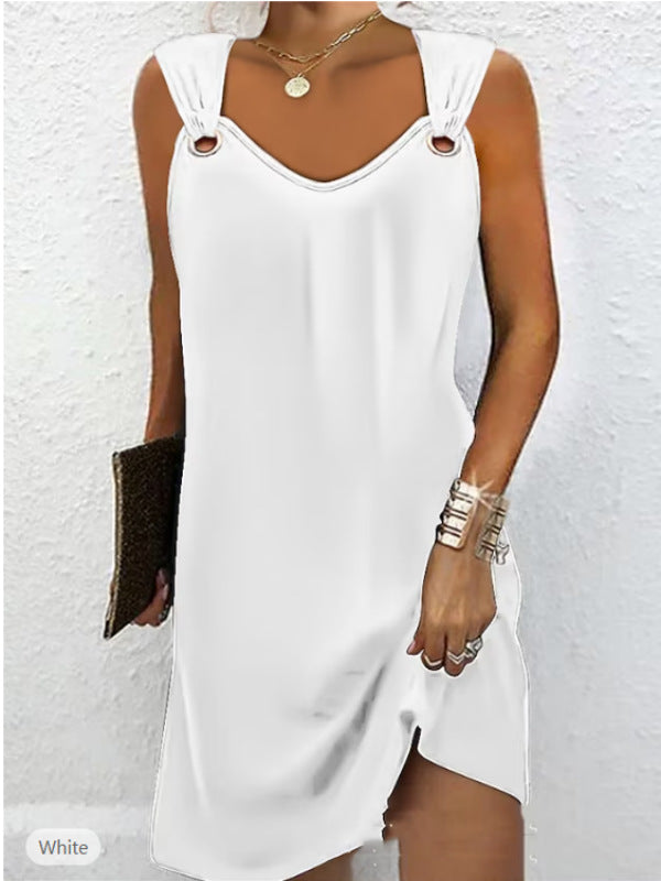 👗👗【Horúci výpredaj】 Jar Leto Nové šaty bez rukávov s výstrihom do V a kovovými gombíkmi