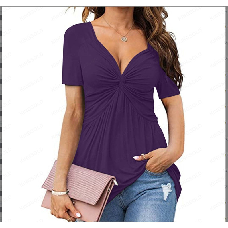 💕【-45% OFF】💕Novo po posebnoj cijeni!Camisa elegante informal de manga corta con cuello en V y nudo.