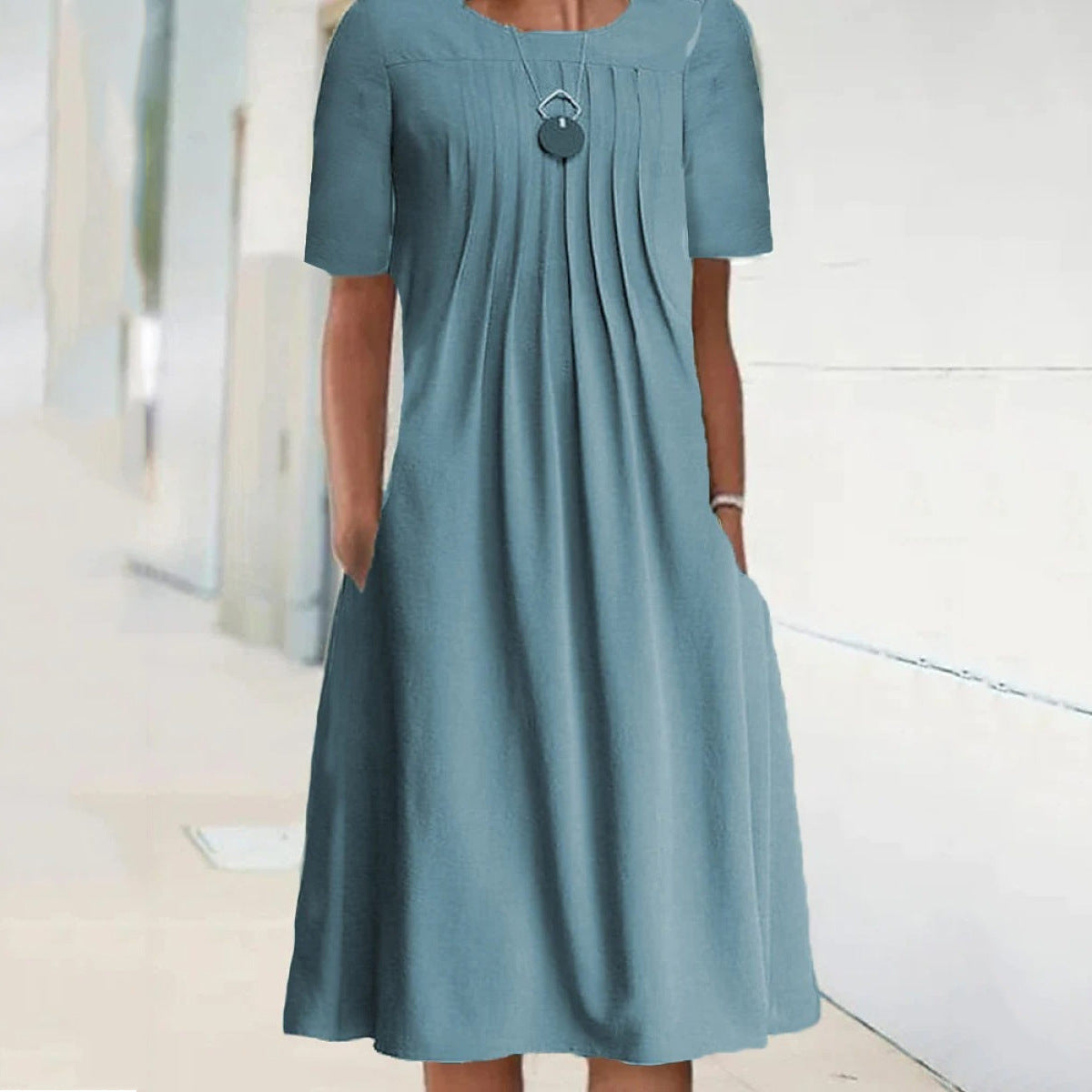 👗🌷【S-3XL】Nové letné ležérne jednofarebné šaty s okrúhlym výstrihom a krátkym rukávom z bavlny a ľanu z roku 2025