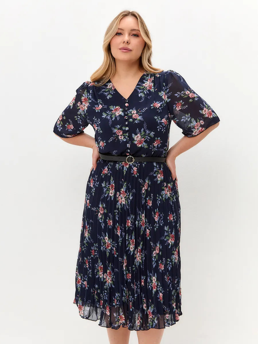 🌸💥【S-5XL】2025 dámske letné nové elegantné šifónové šaty s potlačou Módne šaty s gombíkom do V a opaskom