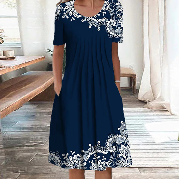 💜🌸【S-5XL】2025 Nový okrúhly krk Módne kvetinové šaty, pohodlné a neformálne, elegantné a vynikajúce