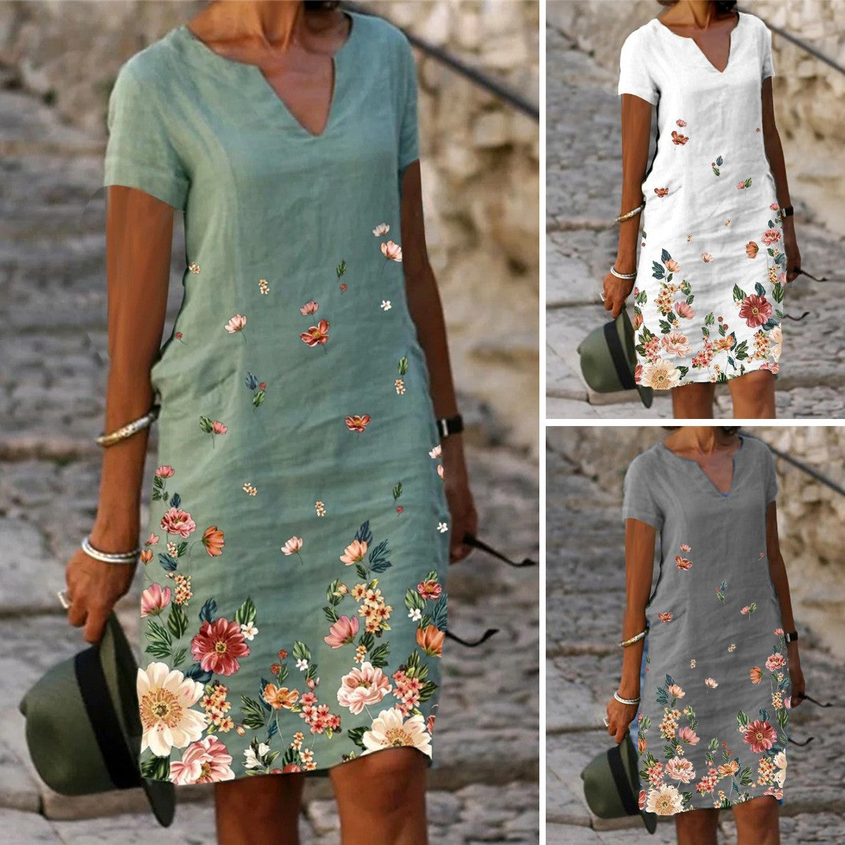 🌺【S-3XL】Rochie de vară din bumbac și in, cu croială dreaptă, decolteu în V, mâneci scurte și imprimeu cu fluturi și flori