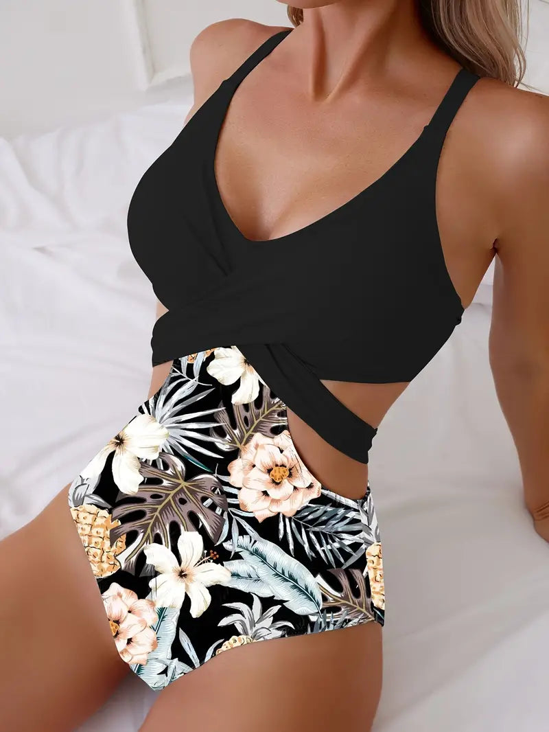 👙🌵【S–XL】Bikini dintr-o singură piesă pentru femei cu forme pline, model hawaian, cu decupaje, legături și elemente încrucișate