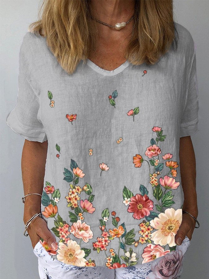 🔥【S-5XL】🌈Camiseta de manga corta de lino y algodón con estampado floral💐