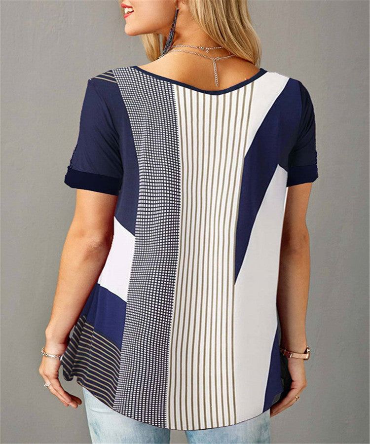 ✨👚 2025 Tricou de damă cu imprimeu, guler rotund, mânecă scurtă și nasturi, mărime mare