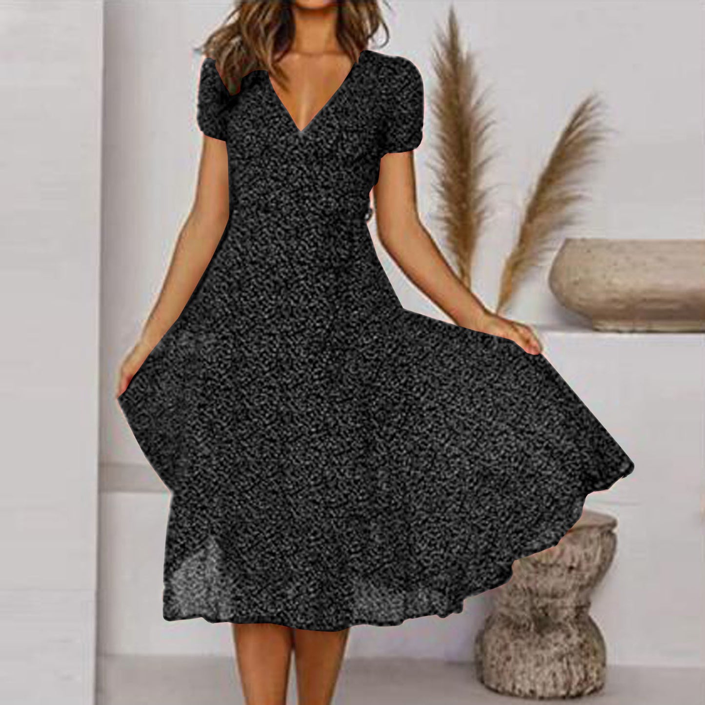 🌸【S-3XL】Rochie florală de primăvară-vară 2024, cu decolteu în V și mâneci scurte