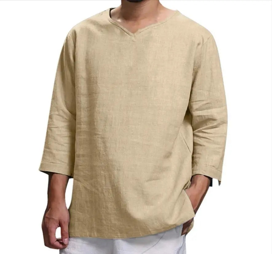 🎉😊【M-4XL】Tricou de vară nou, simplu, din bumbac și in, în culoare uni, confortabil și respirabil