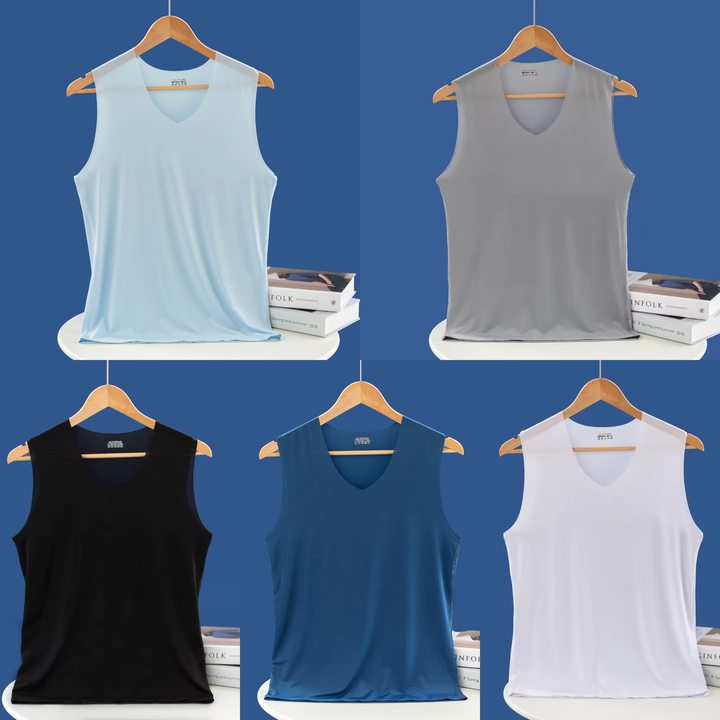 ❄️🆒【Kúpte 3 a získajte 2 zadarmo – spolu 5 ks🔥】【L–5XL】Letné pánske bezšvové tričko s lemom z ľadového hodvábu, úzky strih, väčšia veľkosť