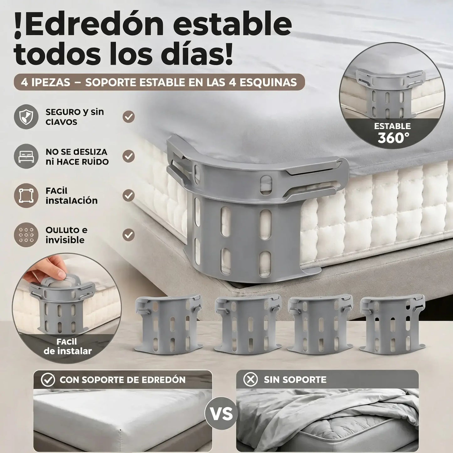 Juego de cuatro - 28 euros🛏️ Clips ocultos en las cuatro esquinas para sábanas: evitan que las sábanas se muevan o se deslicen, manteniéndolas planas y seguras.