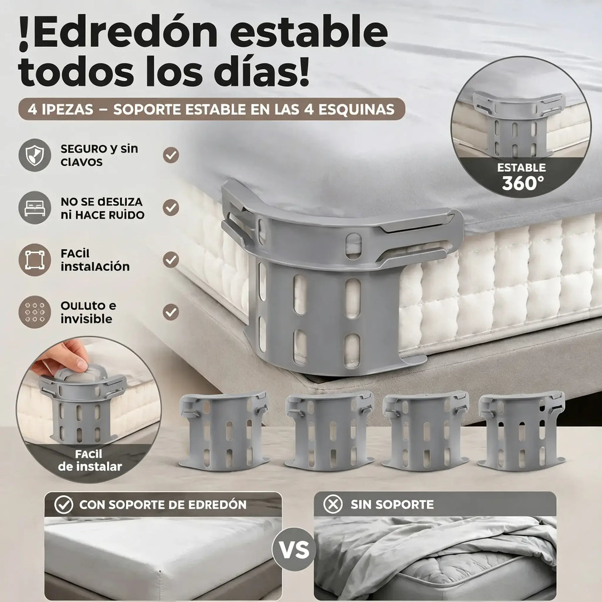 Juego de cuatro - 27 euros🛏️ Clips ocultos en las cuatro esquinas para sábanas: evitan que las sábanas se muevan o se deslicen, manteniéndolas planas y seguras.