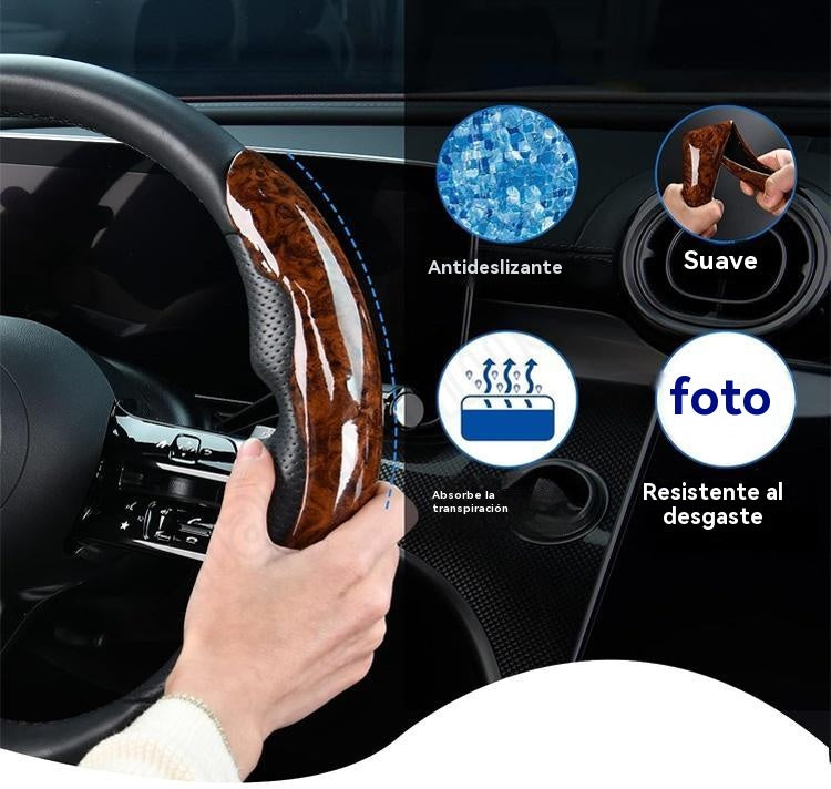 🚗【1 Juego de 3 Piezas】👍👍Funda de Volante de Coche de Madera Antideslizante
