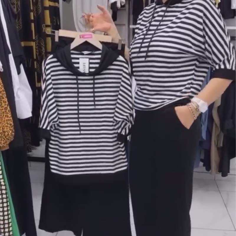 💥 LICHIDARE DE STOC 💥 Set de top cu dungi și pantaloni uni pentru femei