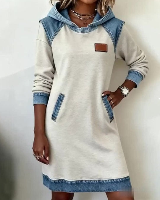 🔥【Časovno omejena ponudba】🌷🌞Nova zimska modna jeans obleka s kapuco iz patchworka