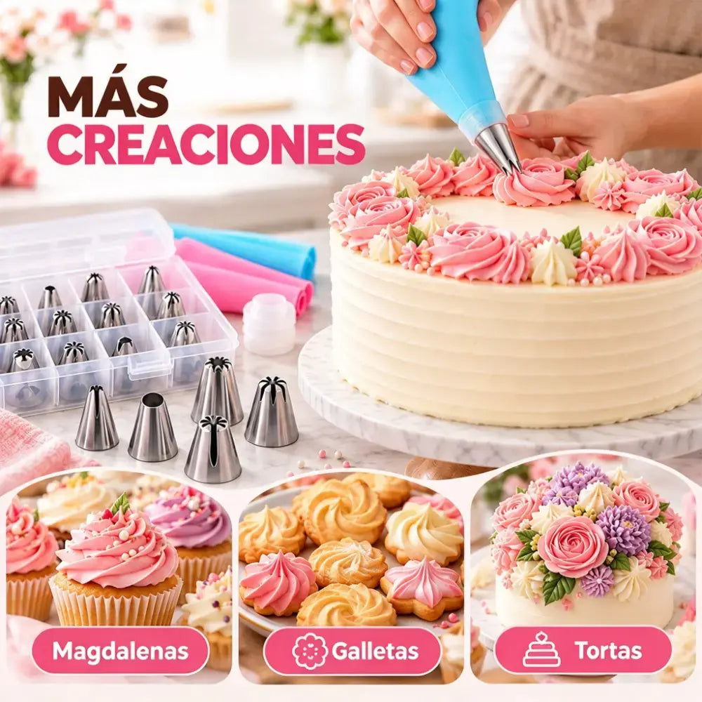 🎂✨ Set de 38 Piezas para Decorar Pasteles, 32 Boquillas de Acero Inoxidable con 2 Mangas Pasteleras de Silicona y Estuche Organizador 🧁