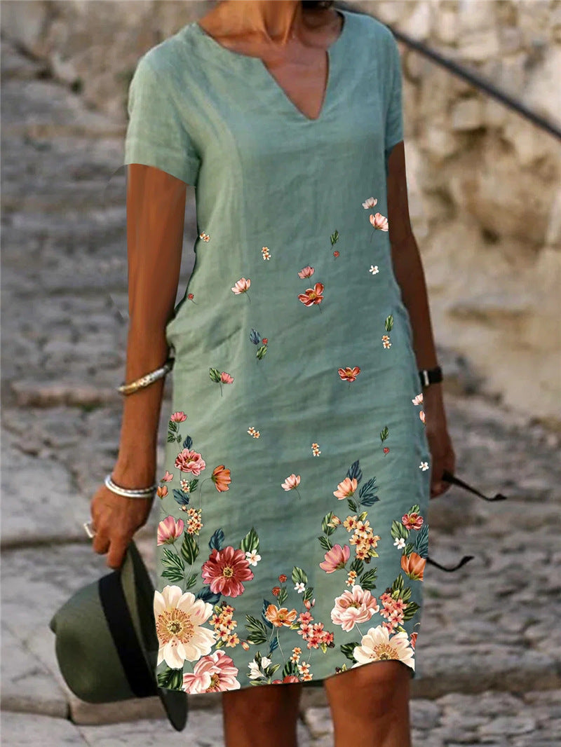🌺【S-3XL】Rochie de vară din bumbac și in, cu croială dreaptă, decolteu în V, mâneci scurte și imprimeu cu fluturi și flori