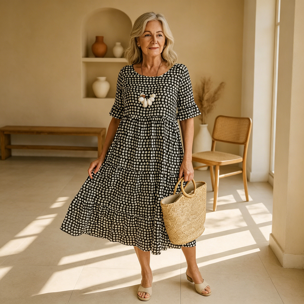 【S-4XL】Iris | Vestido midi beige de manga corta