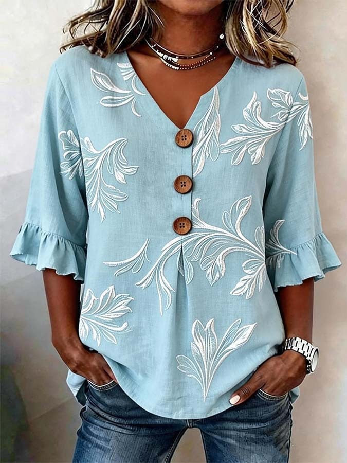 🌟🌟【S-3XL】Camiseta de mujer cómoda y transpirable con mangas abullonadas y diseño de cuello en V con botones.