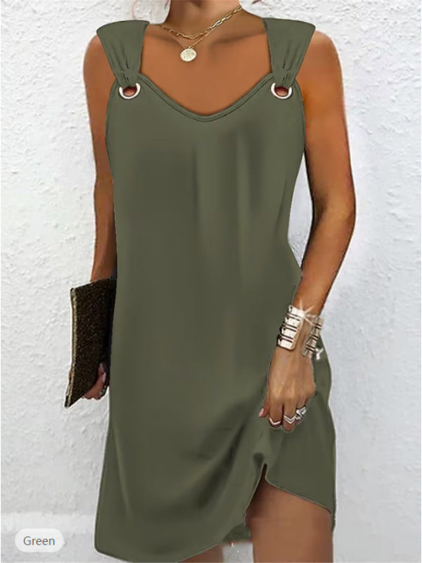 🔥🔥👗👗Nové letné šaty s kovovým gombíkom v roku 2024 s výstrihom do V bez rukávov 3691226