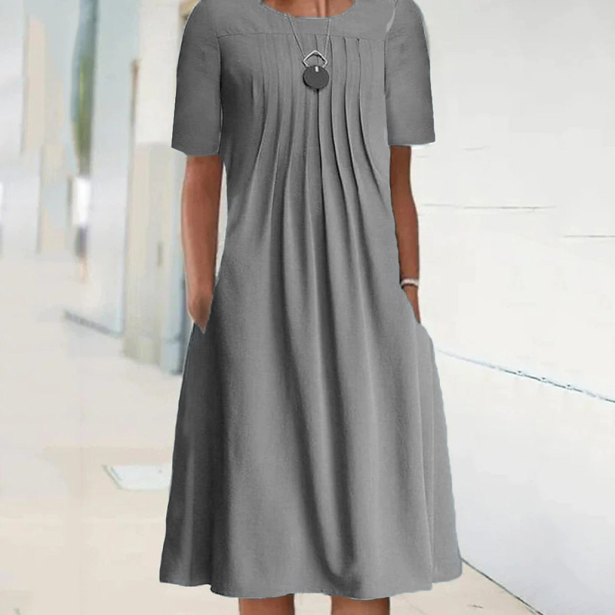 👗🌷【S-3XL】Nové letné ležérne jednofarebné šaty s okrúhlym výstrihom a krátkym rukávom z bavlny a ľanu z roku 2025