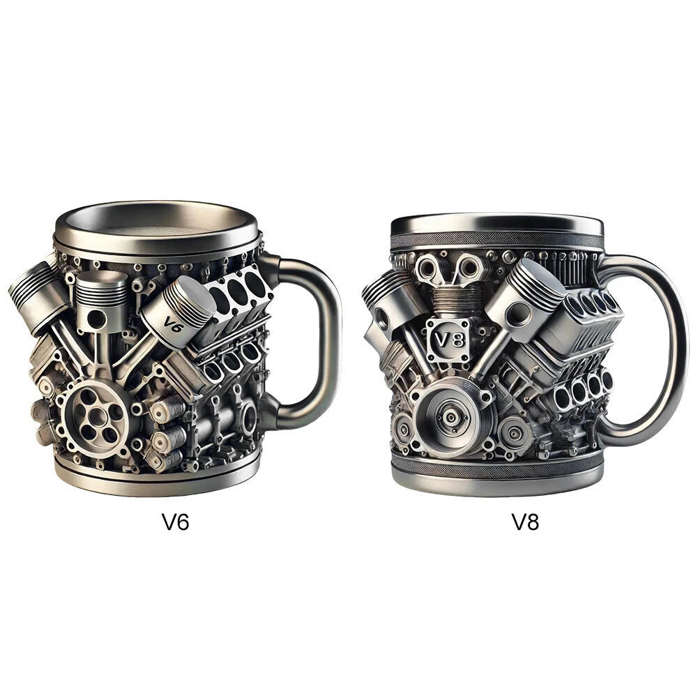 🎁☕ Taza de café de acero inoxidable Creative Engine V6V8, diseño mecánico