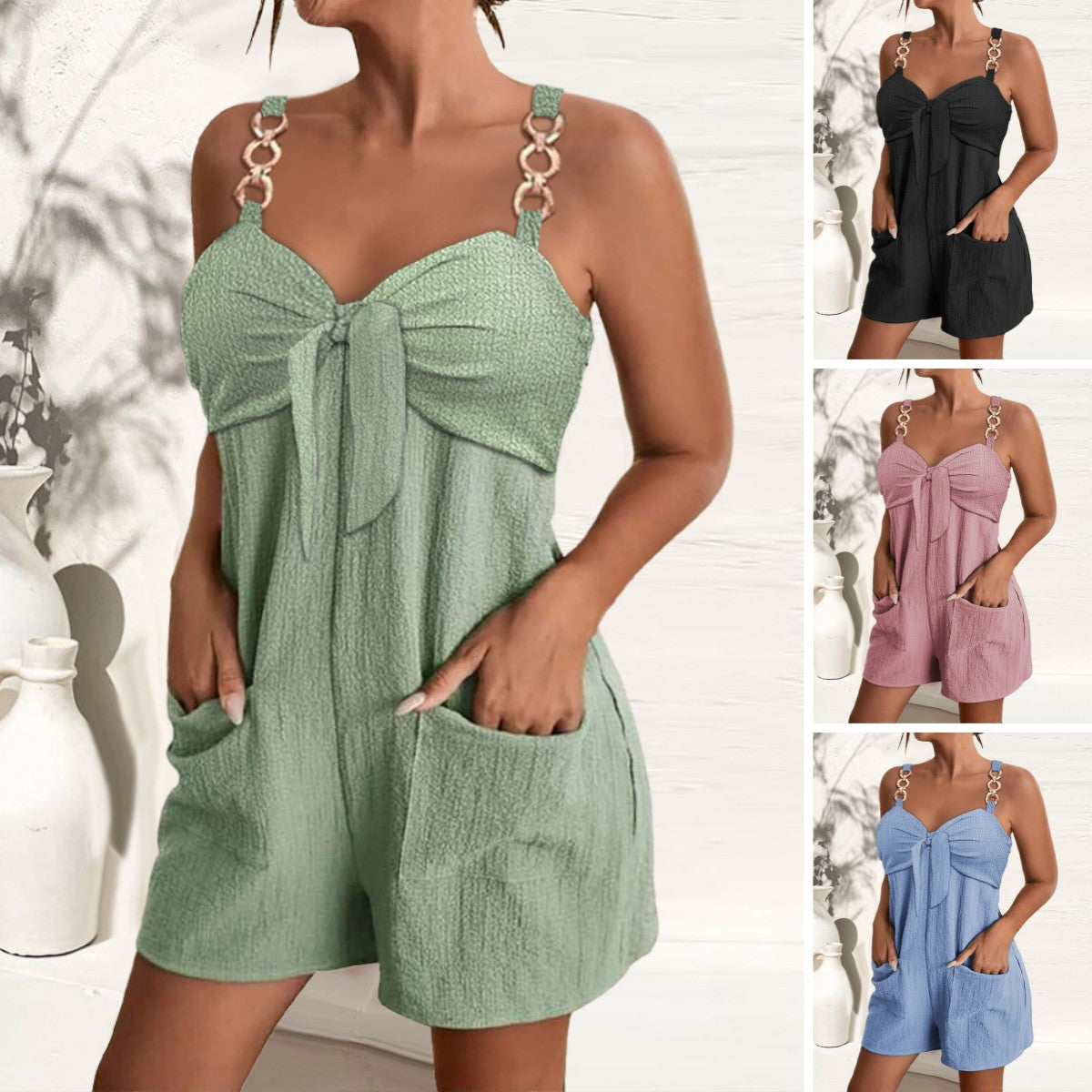 🎀👖【Letný nový produkt 🔥】【S–2XL】Dámsky módny jednofarebný ľanový overal s ozdobnými krúžkami na traky, mäkký, pohodlný a priedušný