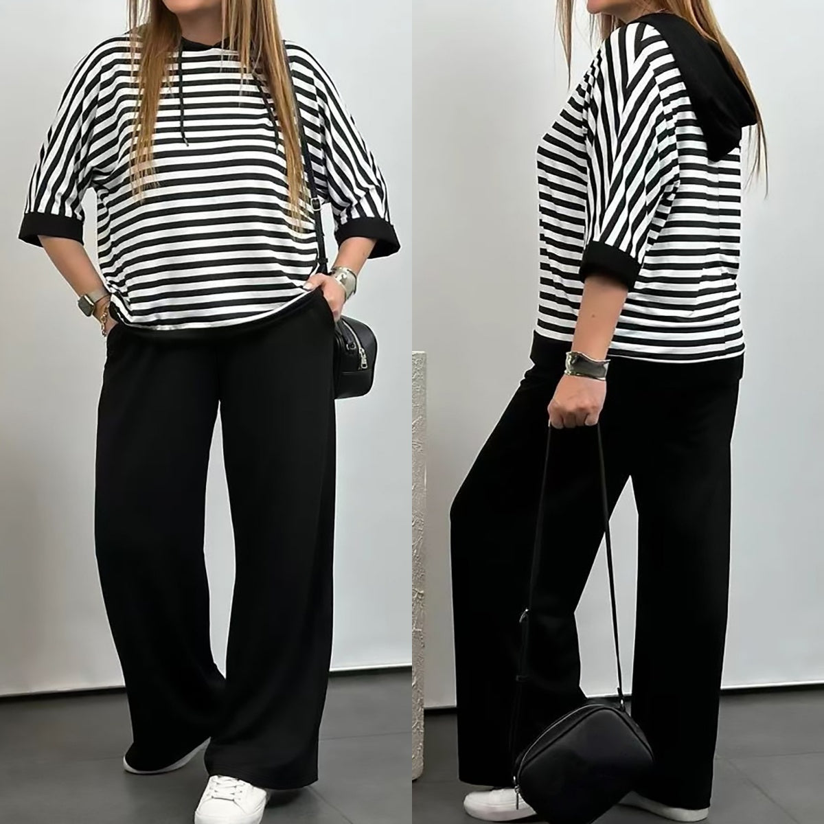 🔥Stil nou de vară🔥 Set casual pentru femei, format din top cu dungi și pantaloni uni