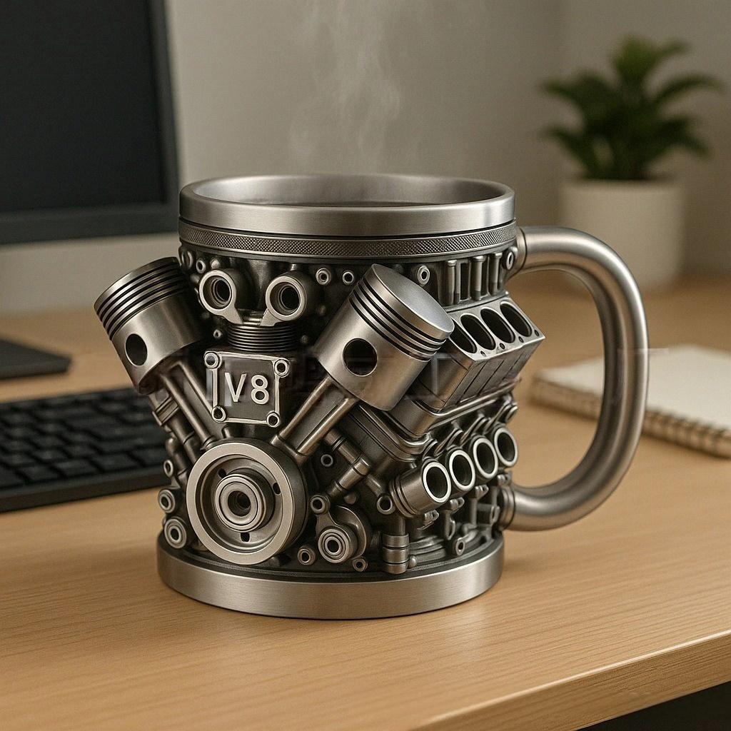 🎁☕ Taza de café de acero inoxidable Creative Engine V6V8, diseño mecánico