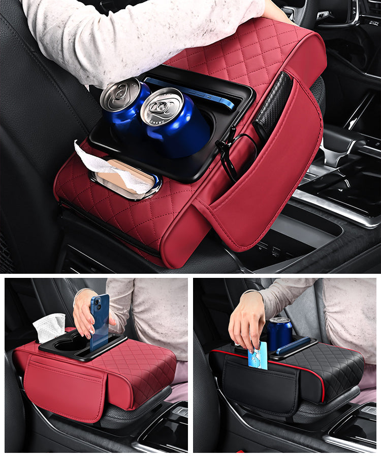 🚗🚗Univerzálna kožená podložka na lakťovú opierku do auta 4 v 1 ✅ Vstavaný box na vreckovky ✅ Držiak pohárov