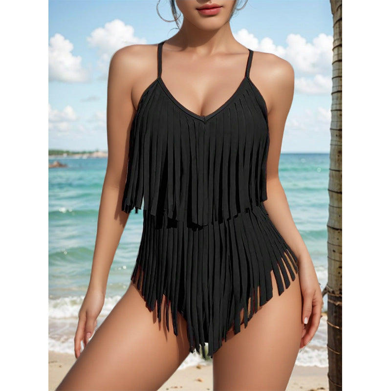 😍👙【Koupit 1 a získat 1 zdarma】2024 Sexy plavky s véčkovým výstřihem a třásněmi na zádech