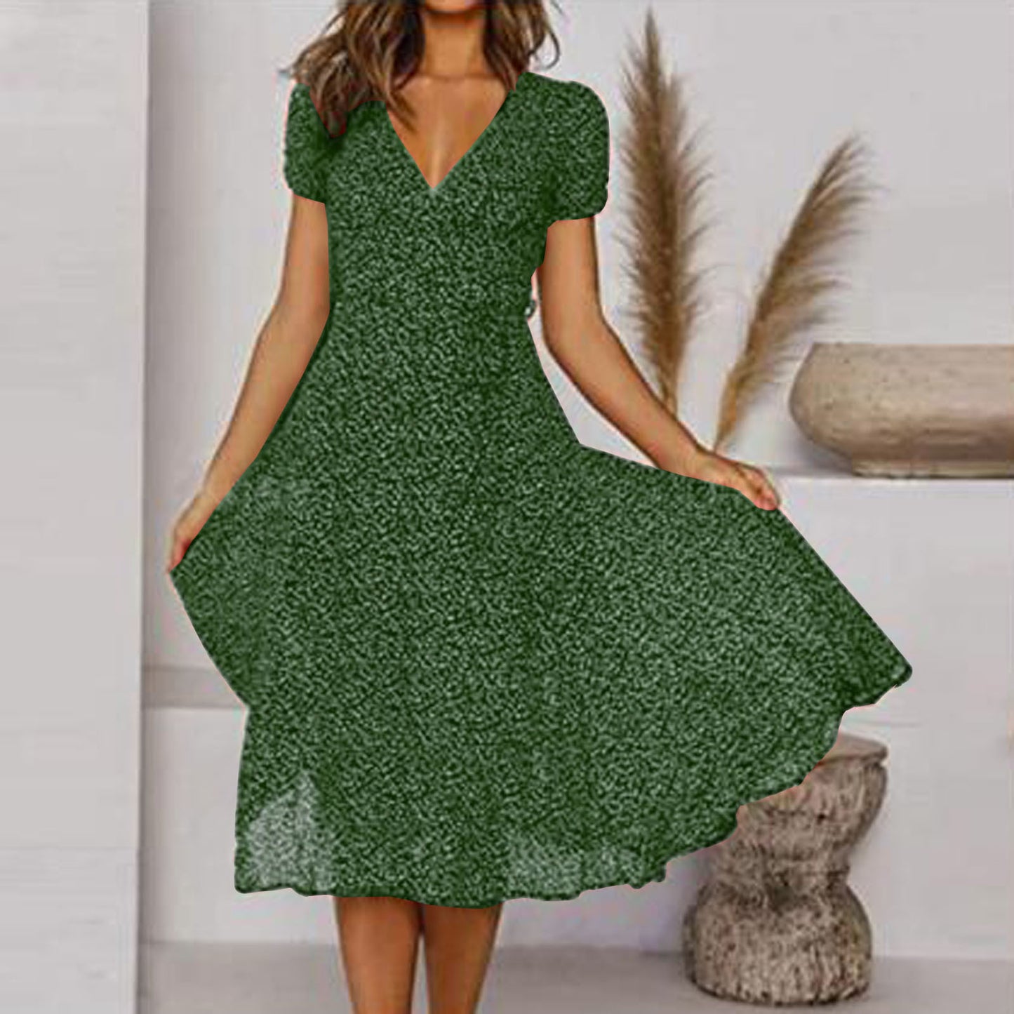 🌸【S-3XL】Rochie florală de primăvară-vară 2024, cu decolteu în V și mâneci scurte