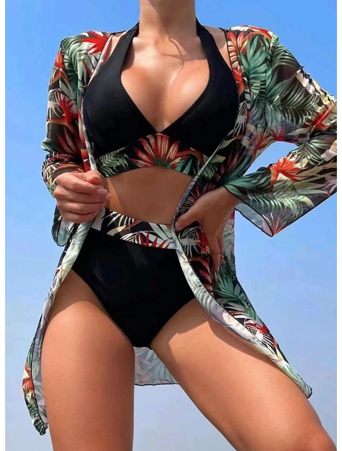 👙【Horúci výpredaj】👙 Dámske jednodielne plavky s potlačou na bikiny zahalenie do obyčajných plaviek, 3-dielna kvetinová súprava
