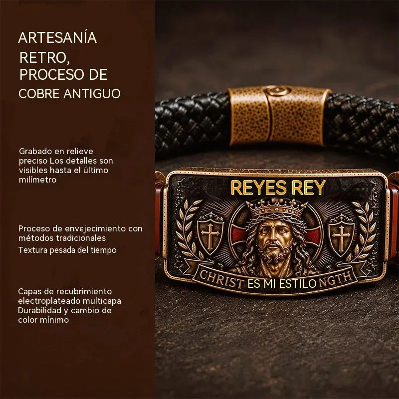 ✝️ Pulsera cristiana ajustable para hombre, de cuero trenzado con mensaje religioso sobre Jesús; joya de estilo retro y vintage, ideal como regalo conmemorativo.