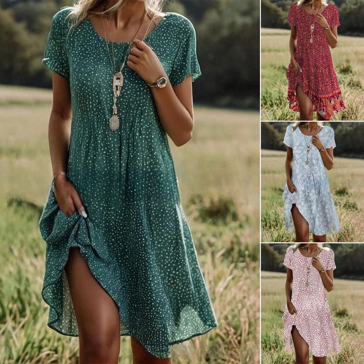 🛒📣【Posledný deň akcie】 【S-3XL】💖👗2025 nové každodenné šaty s okrúhlym výstrihom a potlačou na jar a leto 🌸🌞