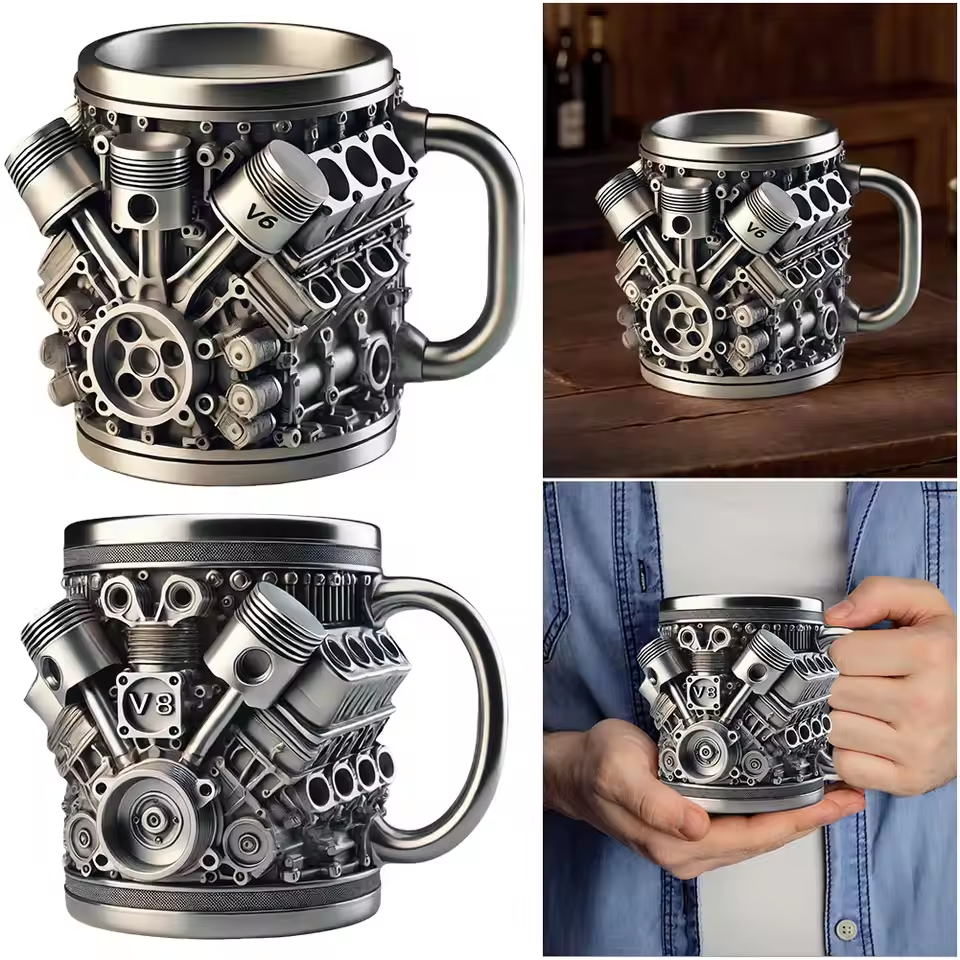 🎁☕ Taza de café de acero inoxidable Creative Engine V6V8, diseño mecánico