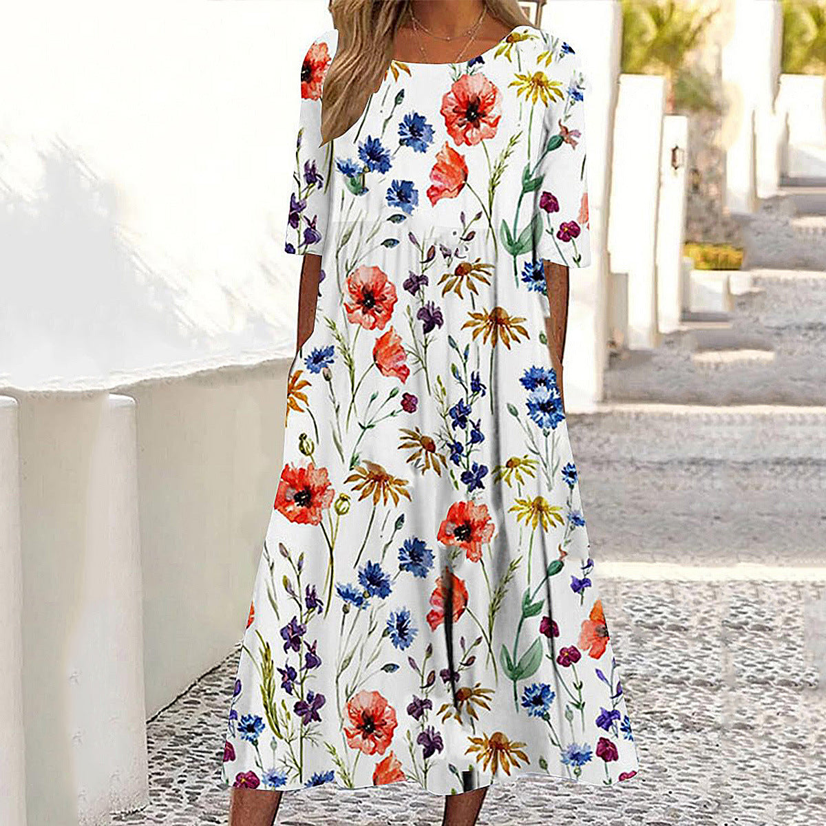 💐【S-3XL】Rochie elegantă de vară din bumbac, cu decolteu rotund și imprimeu pe buzunare